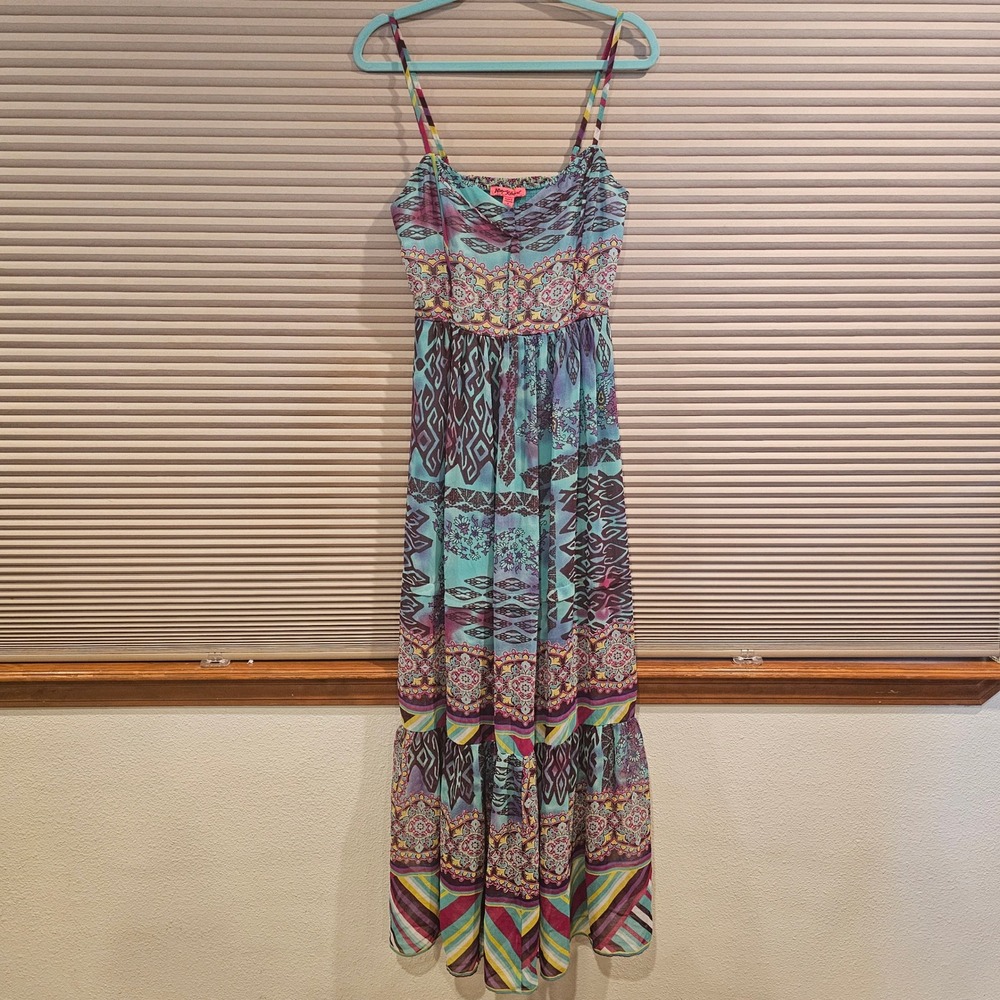 Betsey Johnson Womens Boho Mixed Print Tiered Maxi Dress Turquoise Purple Size 4